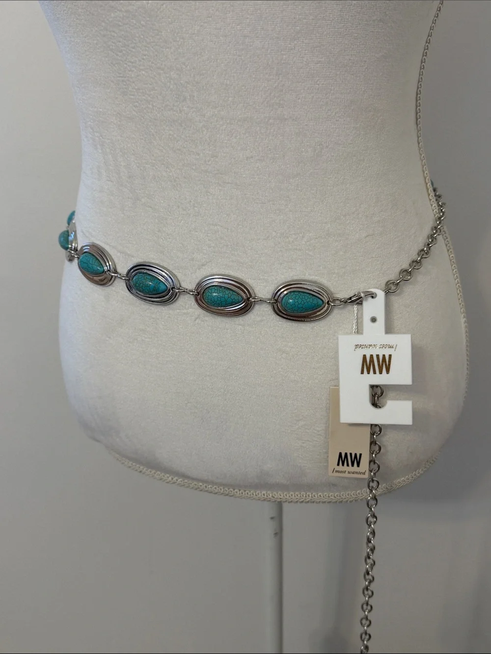NWT, MW/Most Wanted Turquoise Stone Chain Waist Belt - Silver